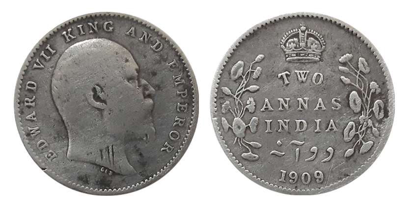 Edward VII, Silver 2 Annas, 1909. Very fine.
