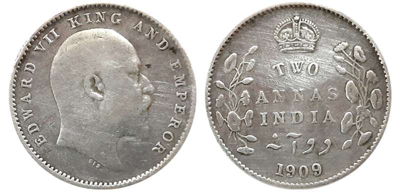 Edward VII, Silver 2 Anna, 1909. Very fine.