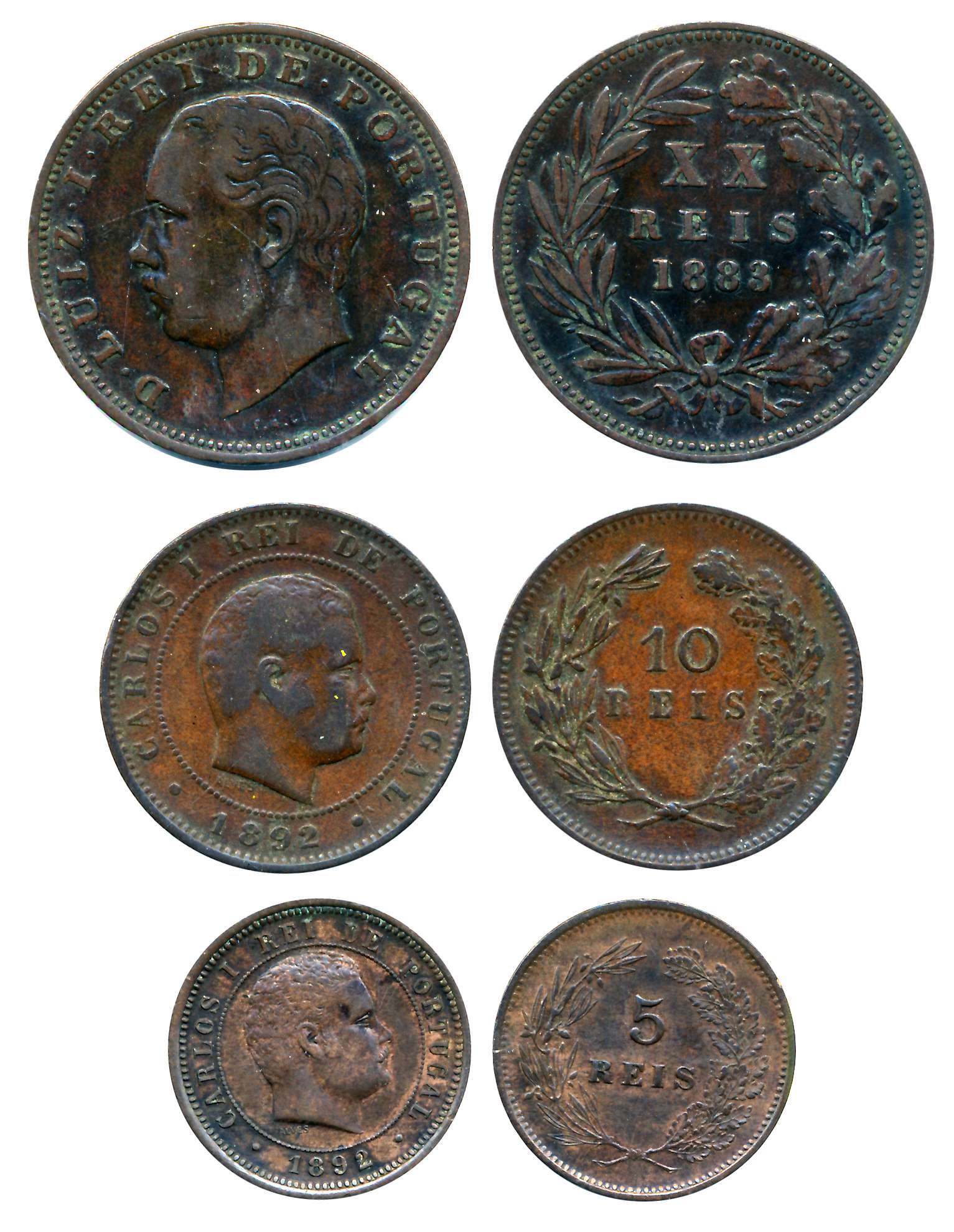 Portugal, Luiz I, Copper (3), 11.83g, 5.81g, 3.03g, Reis 20, 1888 (KM# 527), Reis 10. 1892