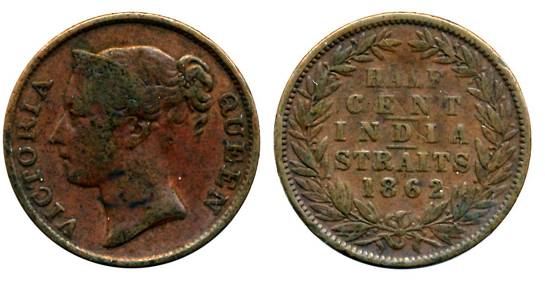 Straits Settlements, Victoria, British India Government, Copper, 1/2 Cent, 1862, Obv: Bust