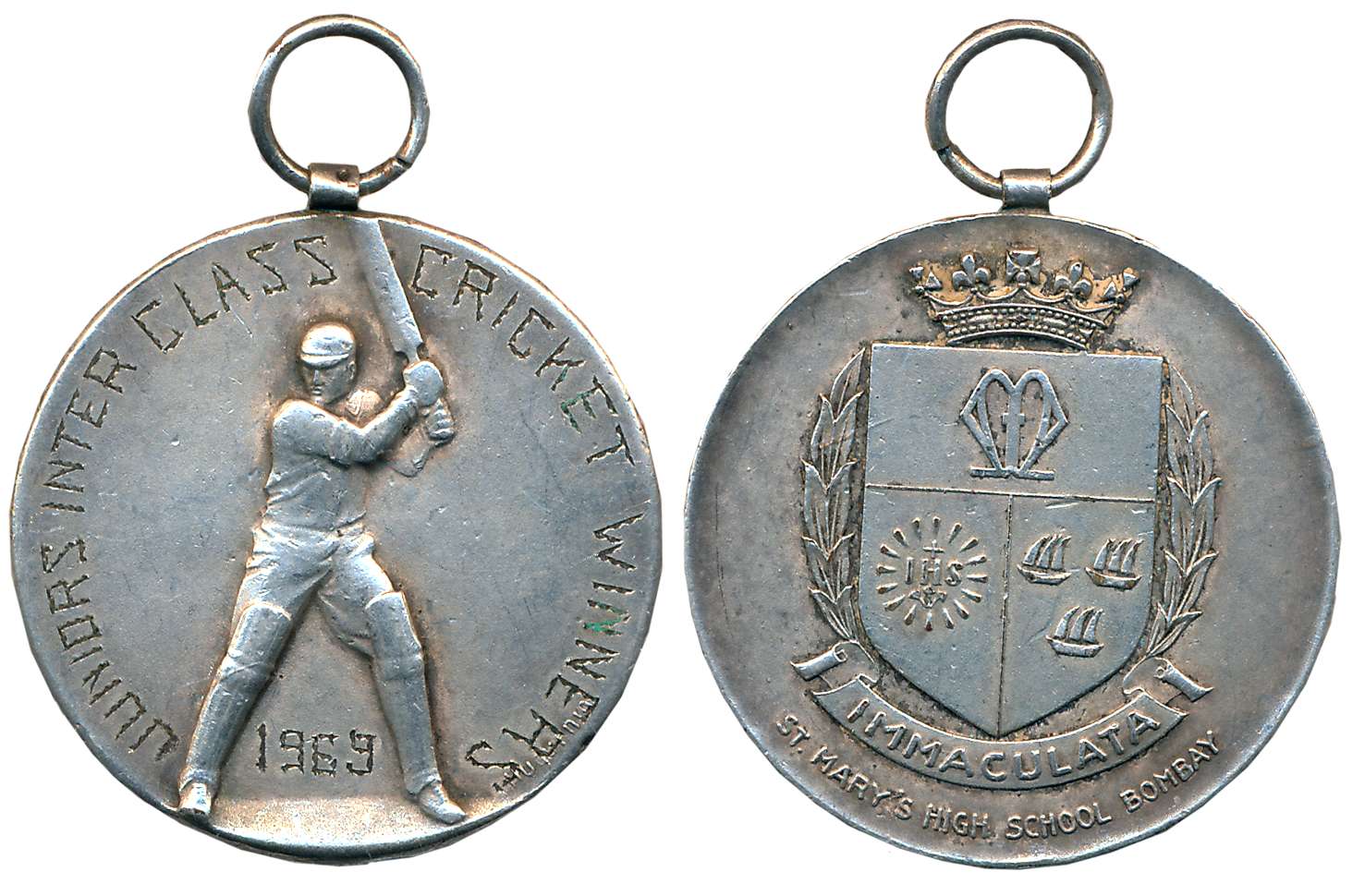 Cricket Silver Medal, 11.44g, ST. MARY’S HIGH SCHOOL BOMBAY, 1969. With suspender loop.