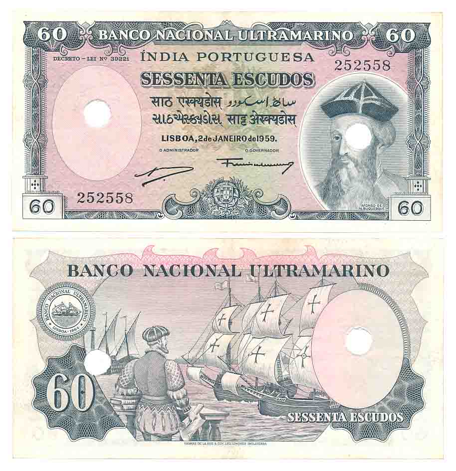 Indo Portuguese, Goa, 60 Escudos, Type 12.36, Signed G-4 A-4, Two cancellation hole (R IMP