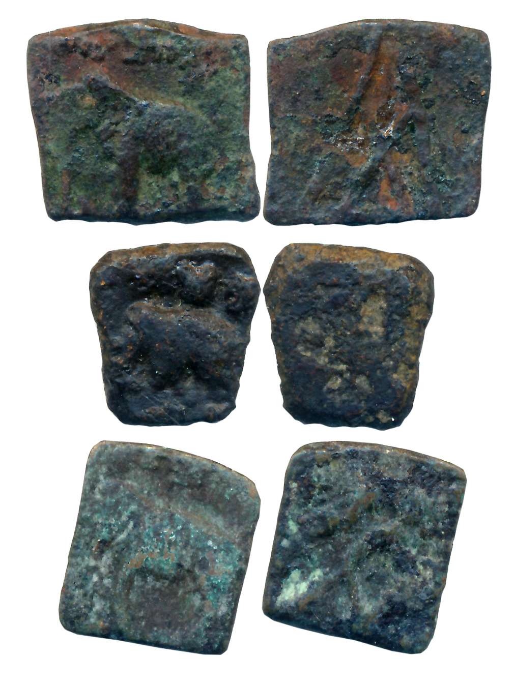 Sangam age Pandyas, Copper, 3.02g, 2.26g, 2.22g, Obv: Elephant to left, Rev: Stylised Fish