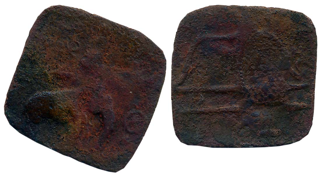 Sangam Cheras, Copper, 2.31g, Obv: Elephant facing to right symbols above, Rev: Bow and ar