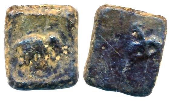 Sangam Cheras, Copper, 1.66g, Obv: Elephant facing right, Rev: bow and arrow (Mitch # 55).