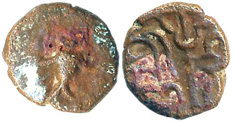 Gujarat Saurashra region, Copper, 0.98g, Obv: Fish, Rev: Trident in centre, Brahmi legend 