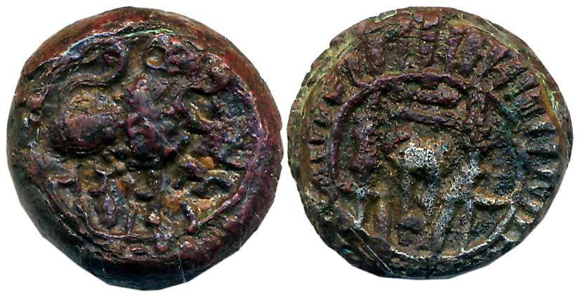 Vishnukundin, Andhra Region, Copper Base Alloy, 6.75g, Obv: Lion facing right front Srivat