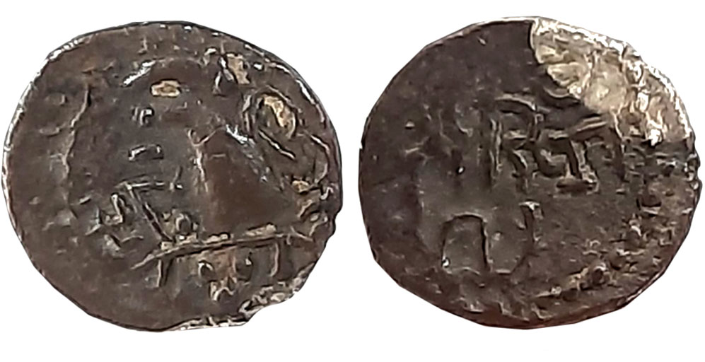 Huns, Sind Region, Yasaaditya, Silver Drama, 0.69g, “Swastika” type, Obv: Bust of king to 