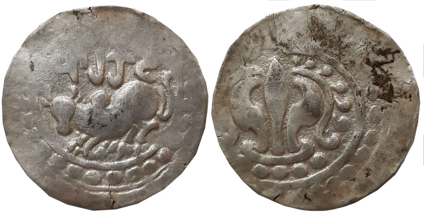 Harikela, Silver, 7.20g, Obv: Humped Bull seated left, legend ‘Harikela’ above within bold