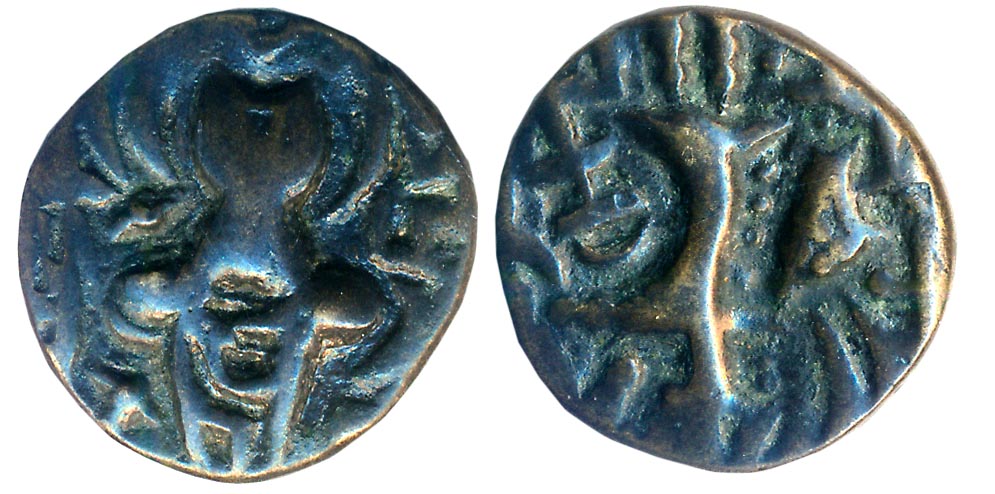Karkotaka’s of Kashmir, Pratapaditya, Debased Gold Dinar, 7.74g, Obv: Crude representation