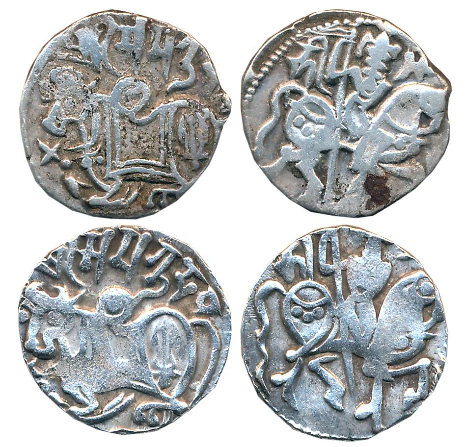 Hindu Shahis, Samantadeva, Silver Drachma (2), 3.20g, 3.31g, Obv: Bull seated facing left,