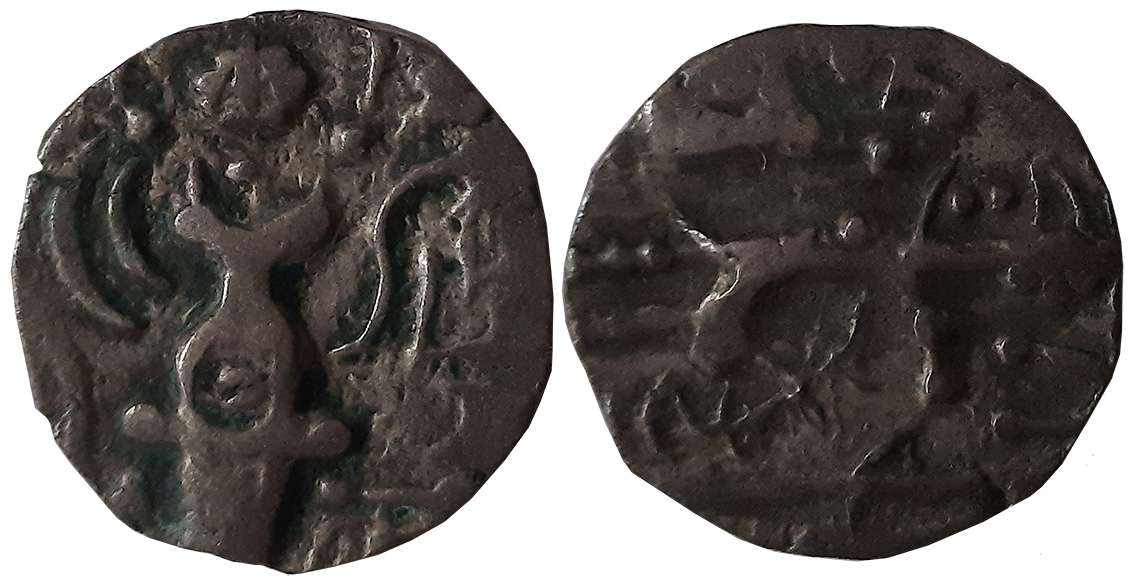 Karkotaka’s of Kashmir, Pratapaditya, Debased Gold Dinar, 7.60g, Obv: Crude representation