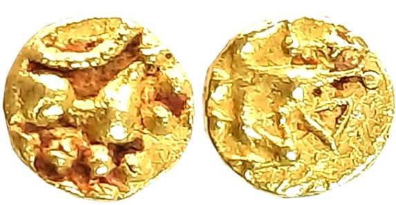 Hoysalas of Dwarasamudra, Vinayaditya, Gold Fanam, 0.40g, Obv: Lion walking to right, cres