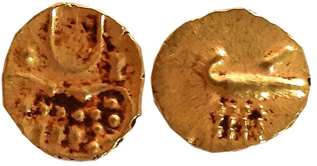Hoysalas of Dwarasamudra, Gold Fanam, 0.38g, Obv: Lion to right crescent above, Rev: Boar 