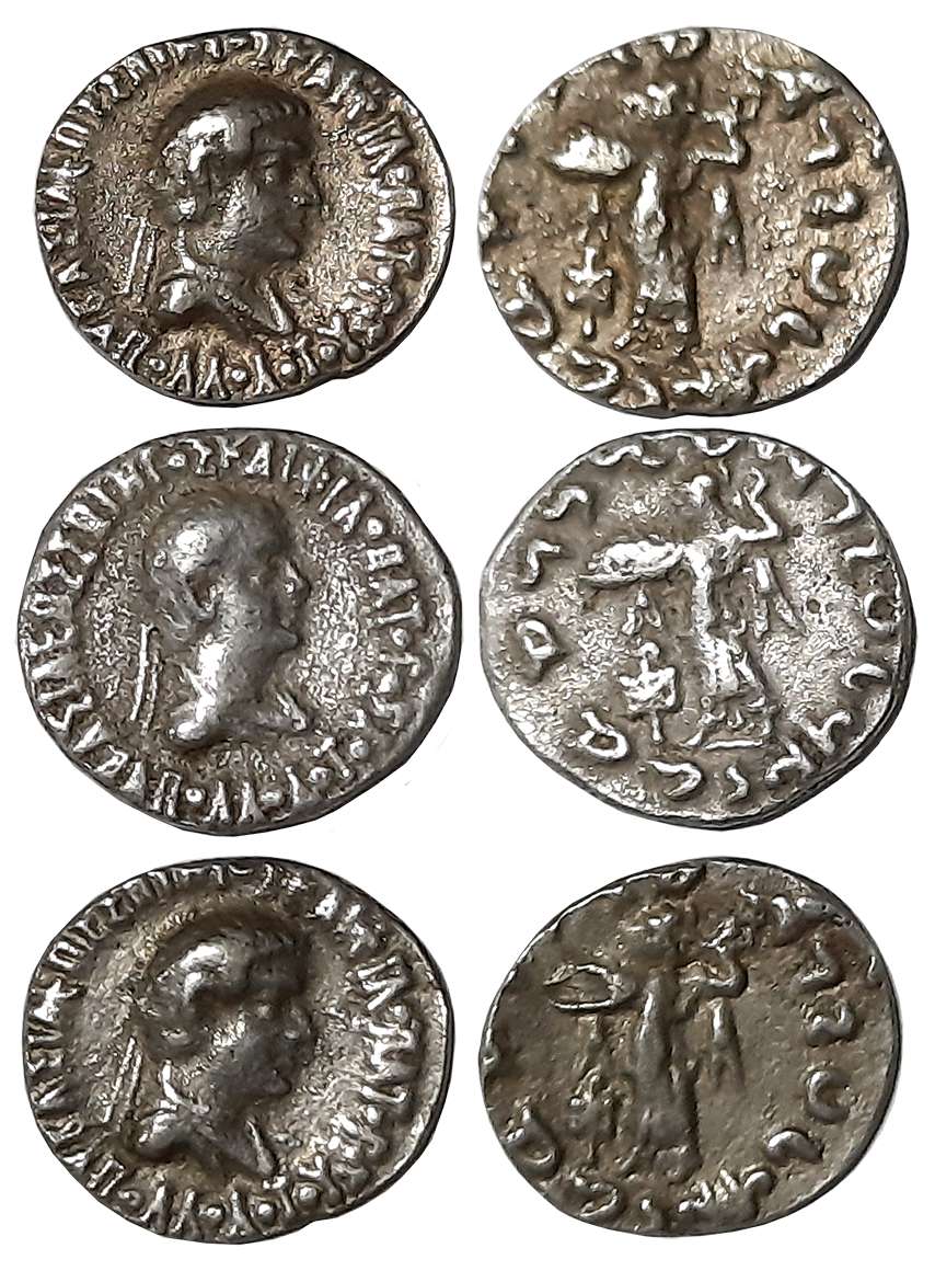 Indo Greeks, Apollodotos II, Silver Drachmas (3), 2.26g, 2.26g, 2.29g, Obv: Diademed bust 