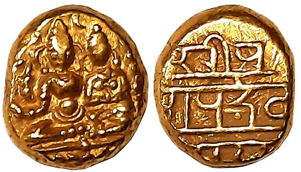 Vijaynagar Empire, Devaraya I, Gold Varaha- Hon, 3.41g, Obv: Lord Vishnu seated in Padmasa