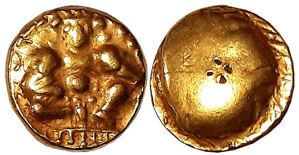 Vijaynagar Empire, Krishnadevaraya, Gold Varaha- Hon, 3.37g, Obv: Crude depiction of Lord 