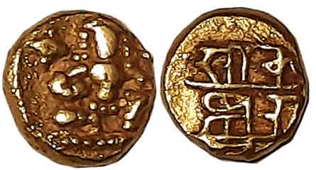 Vijaynagar Empire, Krishnadevraya, Gold 1/2 Varaha, 1.71g, Obv: Lord Bala Krishna seated f