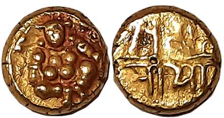 Vijaynagar Empire, Krishnadevraya, Gold 1/2 Varaha, 1.68g, Obv: Lord Bala Krishna seated f