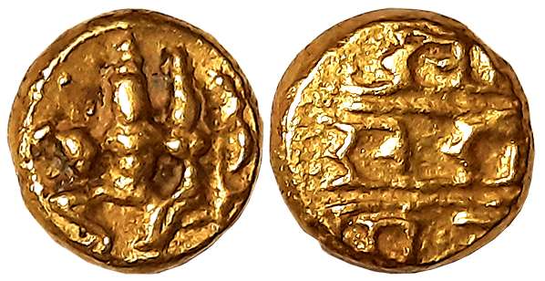 Vijaynagar Empire, Sadashivraya, Gold Varaha- Hon, 3.41g, Obv: Lord Siva with Goddess Parv