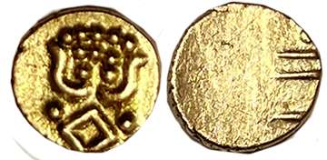 Venad, Kaliyanpanan, Gold Fanam, 0.35g, The lines and dots on the Kalipanam are fancifully