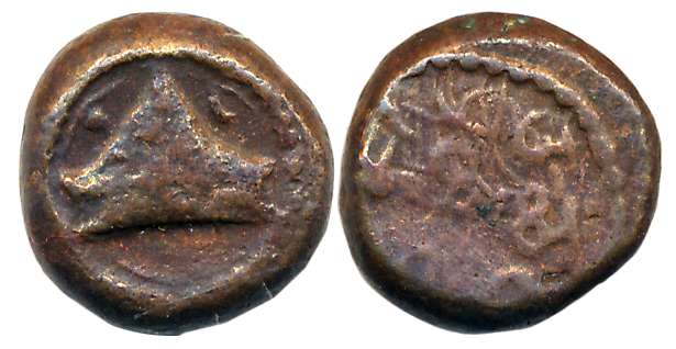 Tirumalai, Copper, 3.31g, Obv: Twin peaked hill, Rev: Corrupt Devnagari legend (K Ganesh# 