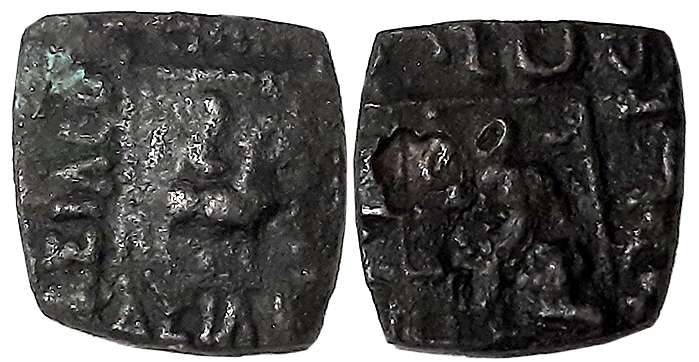 Indo Scythians, Azilises, Bronze, 1.43g, Obv: King riding on Horse to right, Greek legend 