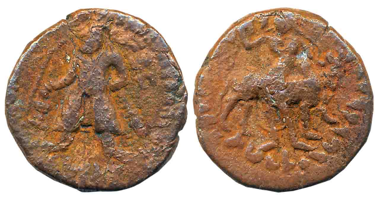Kushans, Wima Kadphises, Copper, 16.00g, “Shiva-Nandi bilingual” type, Obv: King standing 