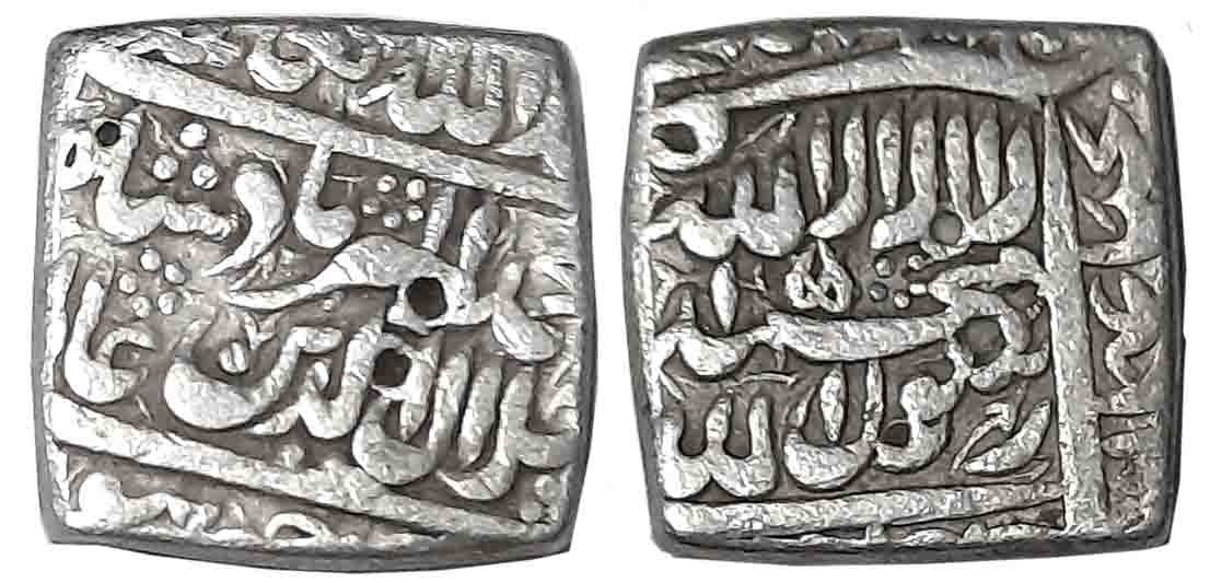 Akbar, Silver Square Rupee, 11.22g, “Kalima” type, Jaunpur Mint (KM# 82.3). Very fine.