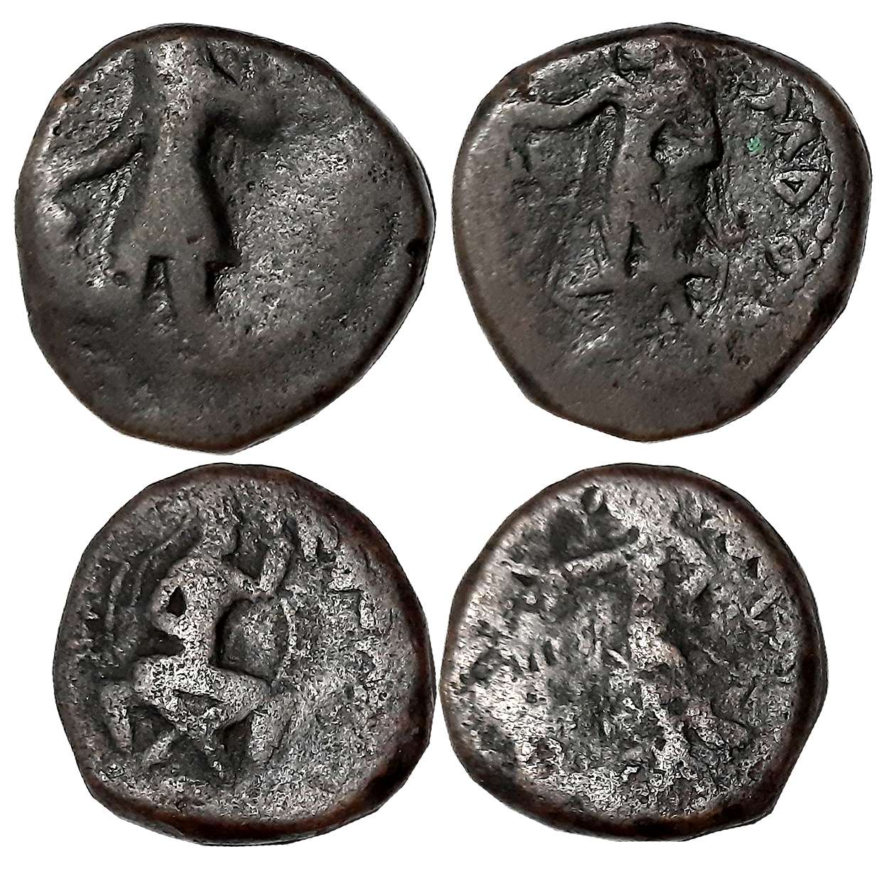 Kushans, Copper (2), 14.41g, 16.62g, Huvishka, Obv: King seated cross leg, holding sceptre