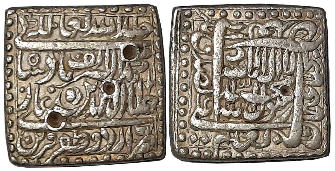 Akbar, Silver Square Rupee, 11.44g, “Kalima” type, Large Flan, Urdu Zafar Qarin Mint, AH 1