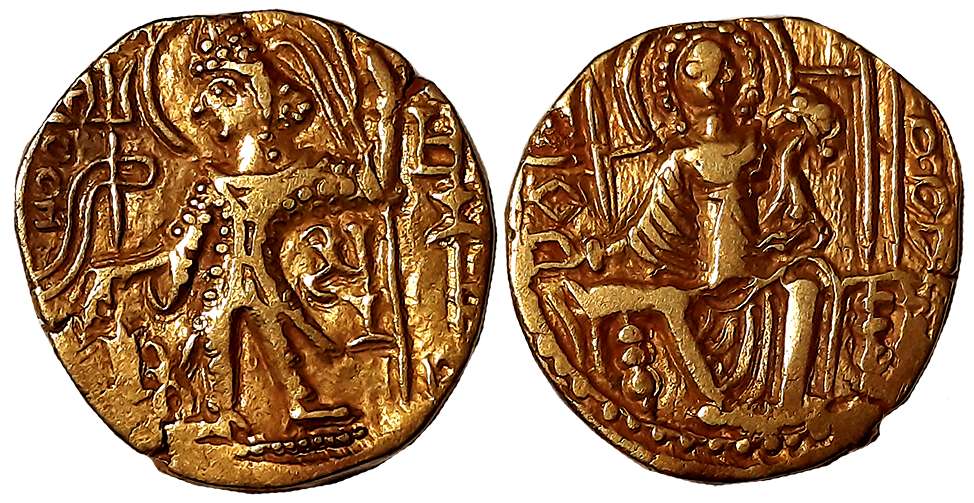 Kushanas, Shaka, Debased Gold Dinar, 7.74g, Obv: King nimbate standing left, holding a tri