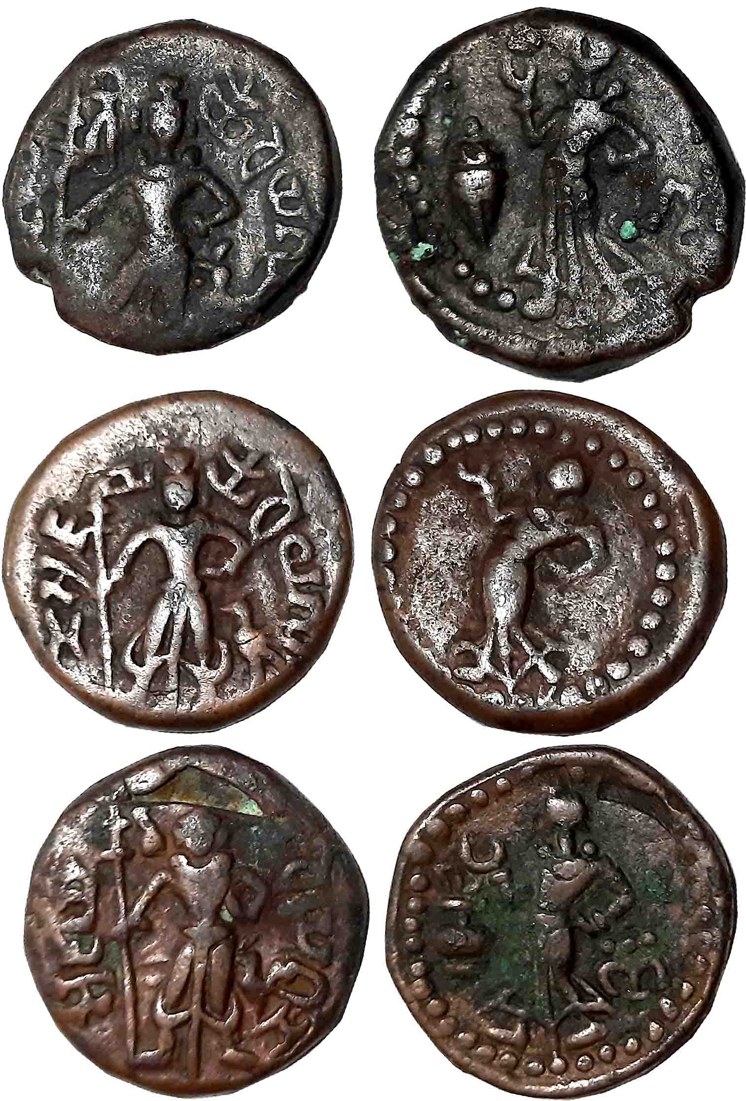 Yaudheyas, Copper (3), 10.88g, 11.04g, 11.32g, Obv: Lord Kartikeya standing with Peacock, 