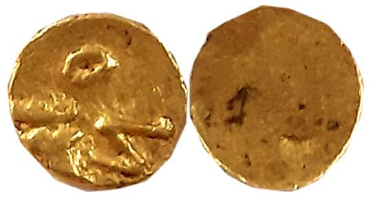 Muhammad Shah, Gold 1/2 Fanam, 0.19g, Uniface, Karpa Mint (KM# C440.1). Very fine.