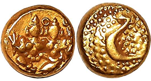 Haider Ali, Gold Pagoda- Hon, 3.42g, Obv: Lord Shiva Parvati seated, Rev: Persian letter “