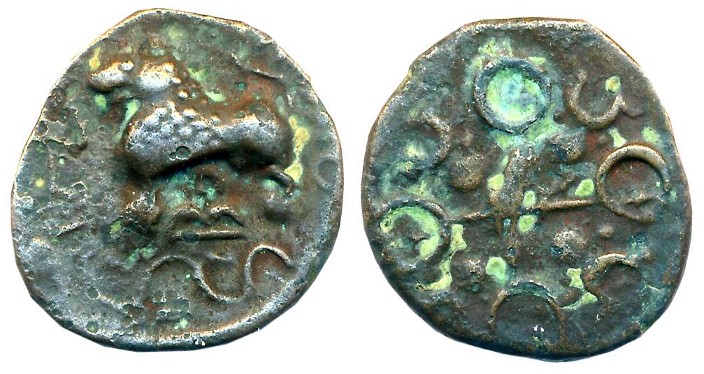 Satavahanas, Alloyed Copper, 4.18g, “Junnar Lion” Type, Obv: Lion standing to left with th