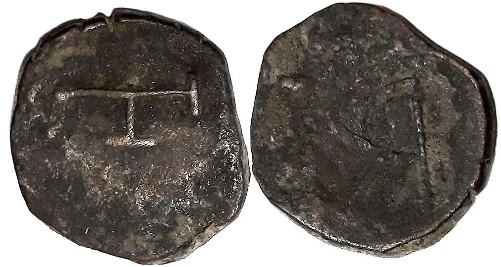 Goa, D. Philip I, Copper 2 Bazaruco, 7.91g, Obv: F, Rev: R (Retro & Double struck) (Gomes#