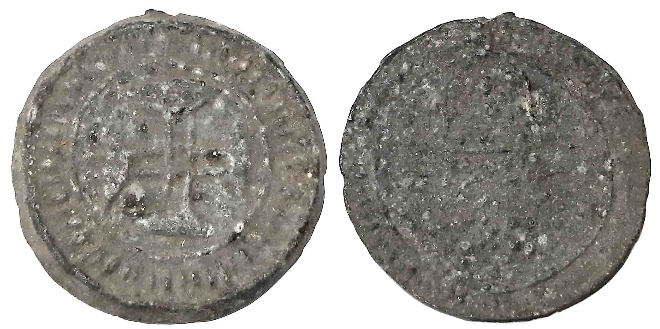Daman, Basin, D Joao V, Tin 10 Bazaruco, 19.01g, Obv: Crowned arms, Rev: Cross and date in