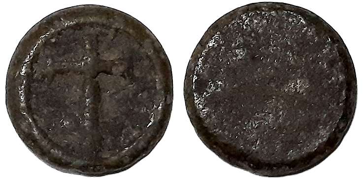 Goa, D. Joao V, Tin Bazaruco, 1.69g, ND, Obv: Crown arm, Rev: Cross (Gomes# 01.01/ 01.02).