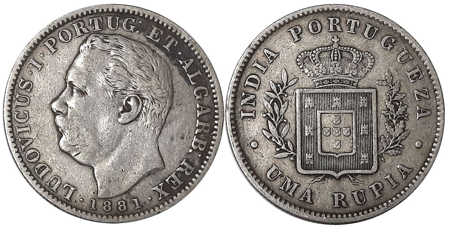 Luiz I, Silver Rupee, 1881, Obv: Head to left, Rev: Crowned arms within sprays (KM# 312, G