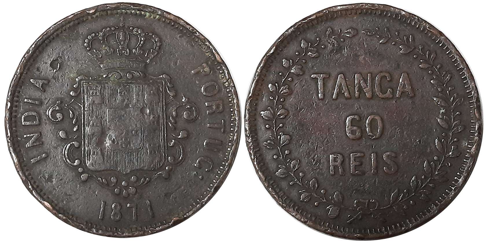 Luiz I, Copper 60 Reis- Tanga, 37.23g, 1871, Obv: Crowned arms date below, Rev: Value with