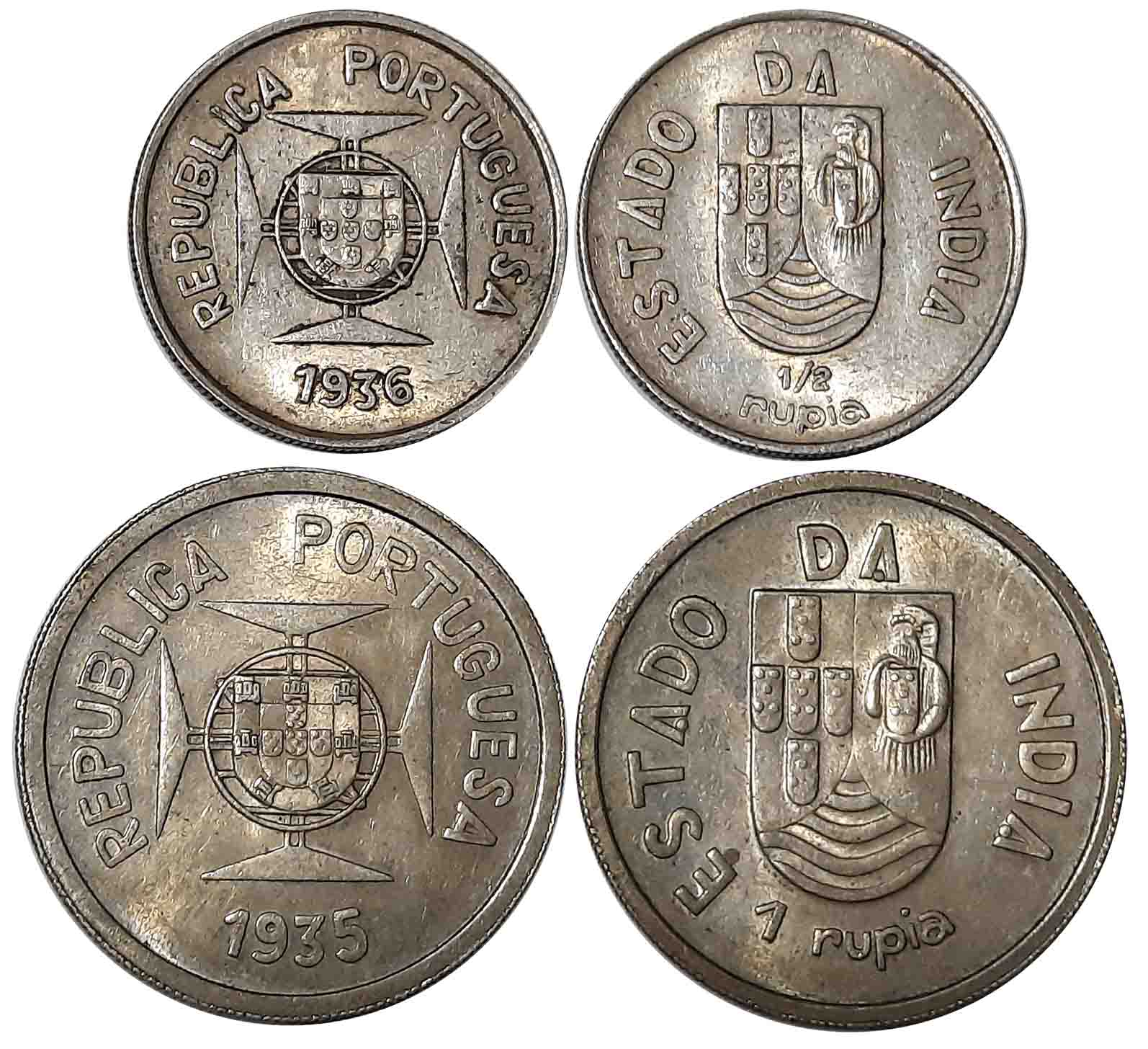 Republic, Silver (2), Rupia & 1/2 Rupia, 1935, 1936, Obv: Shileld on lined circle at centr