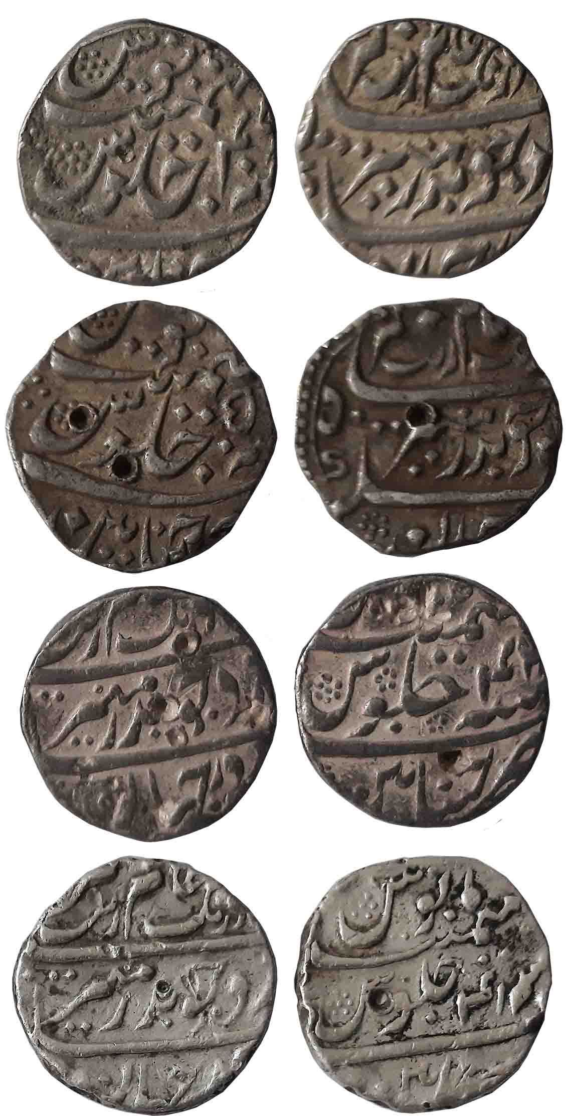Chinapattan, Silver Rupees (4), in the name of Aurangzeb, RY 40, 41, 42, 50 (KM# A289). Ve