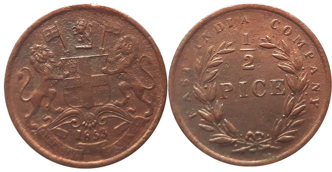 Copper 1/2 Pice, 1853. Very fine.