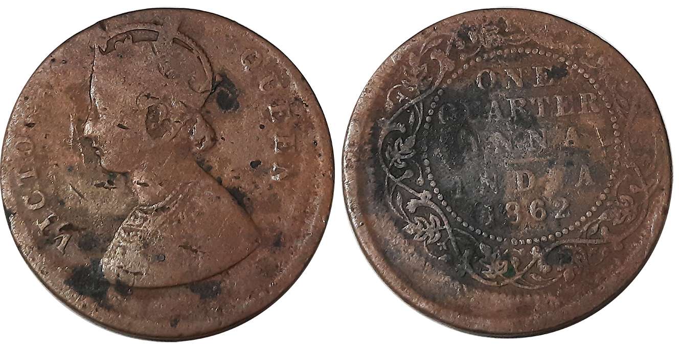 Victoria Queen, Copper, 1/4 Anna, Error- Die shift, 1862. Fine+.