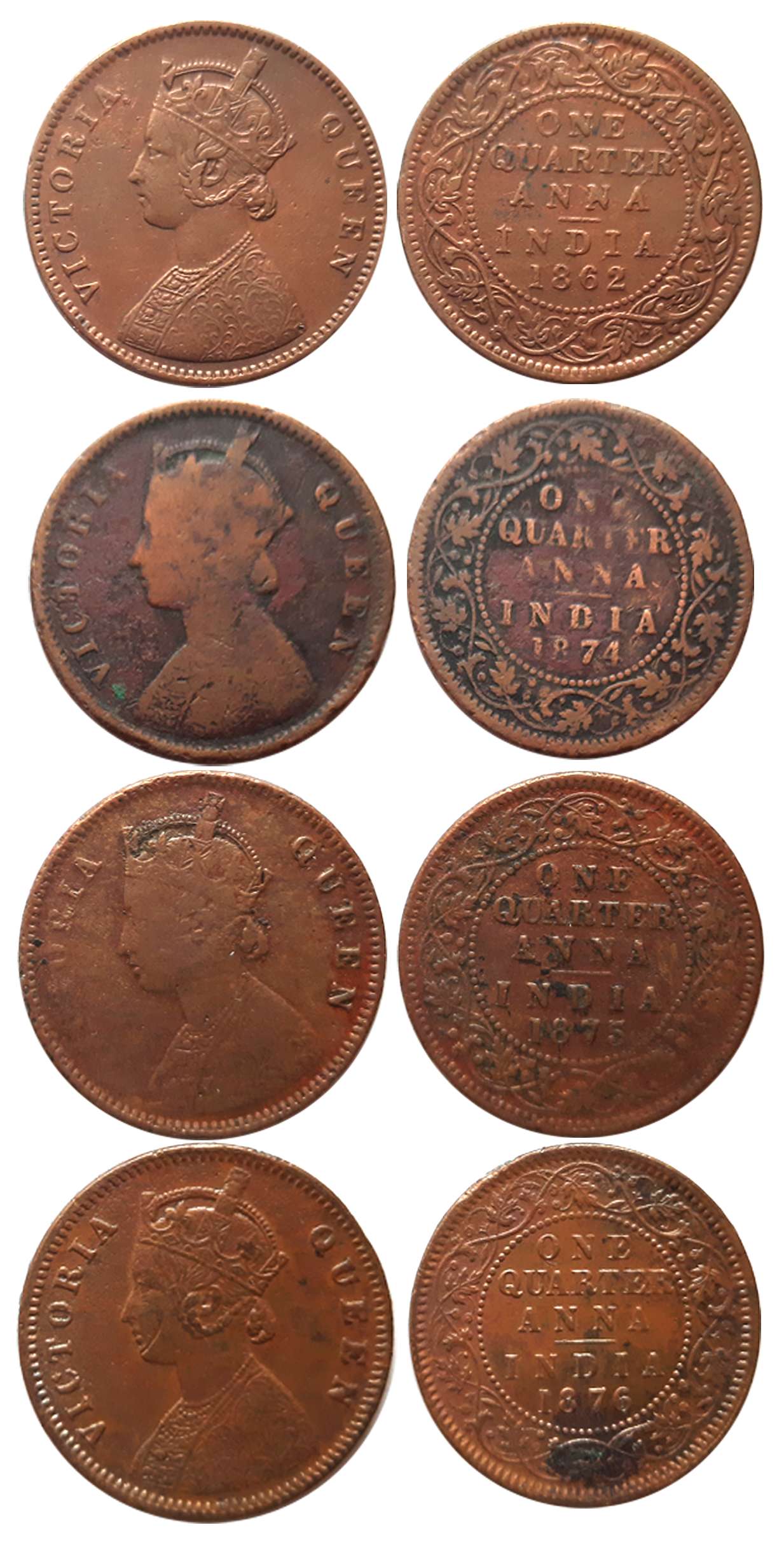 Victoria Queen, Copper 1/4 Anna (4), 1862, 1874, 1875, 1876. Fine to very fine+. 4 coins.