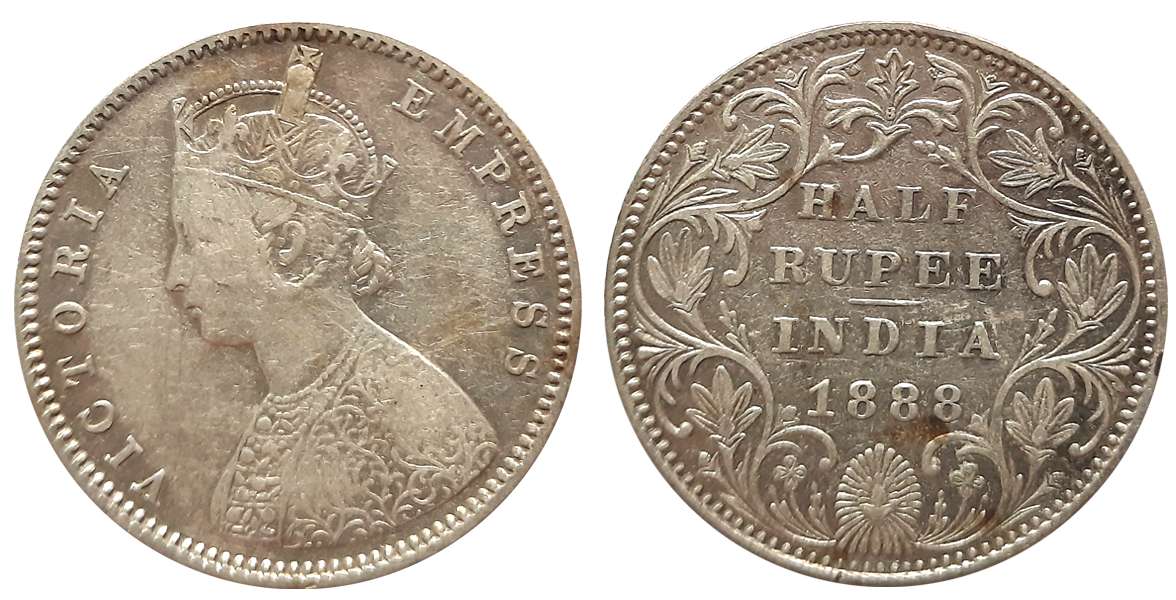 Victoria Empress, Silver 1/2 Rupee, 1888, Bombay Mint. Very fine+.