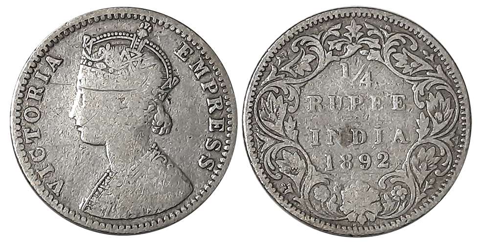 Victoria Empress, Silver 1/4 Rupee, 1892, Bombay Mint. Scratch on obverse. Fine.