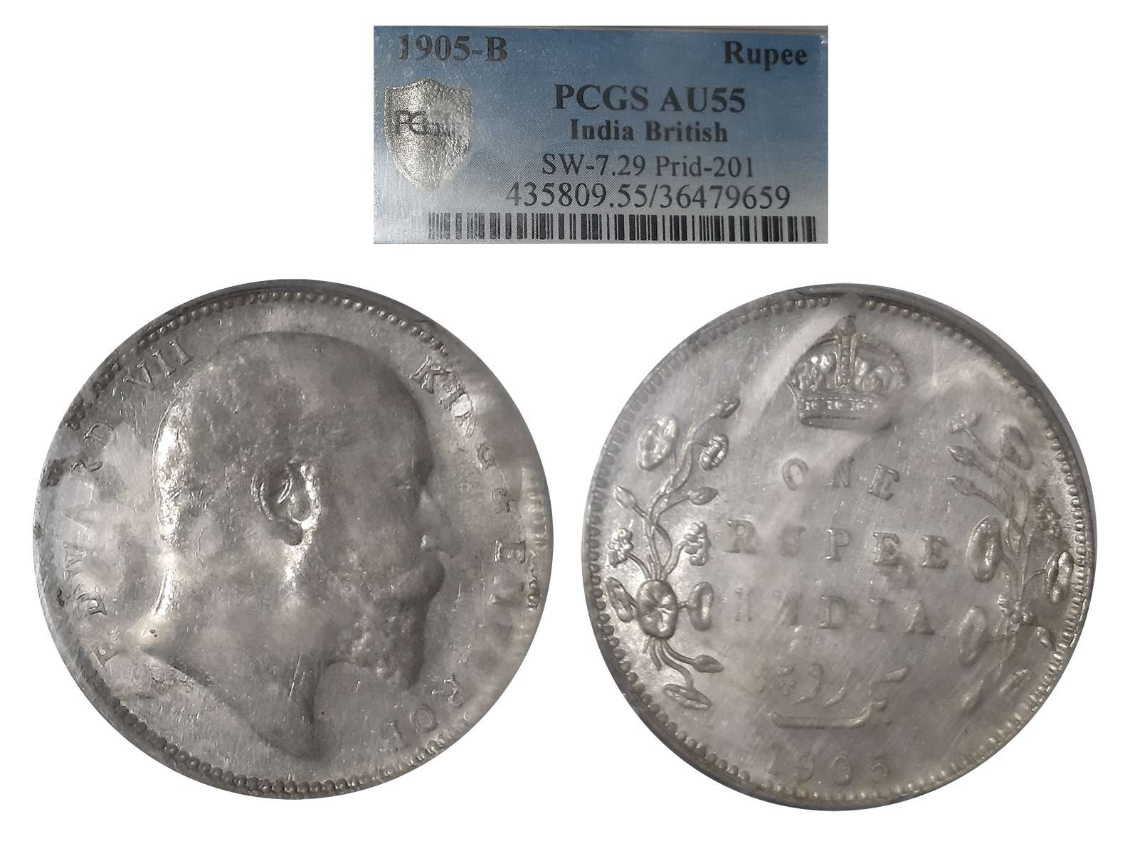 Edward VII, Silver Rupee, 1905, Bombay Mint. Slab & Graded by PCGS as AU55.