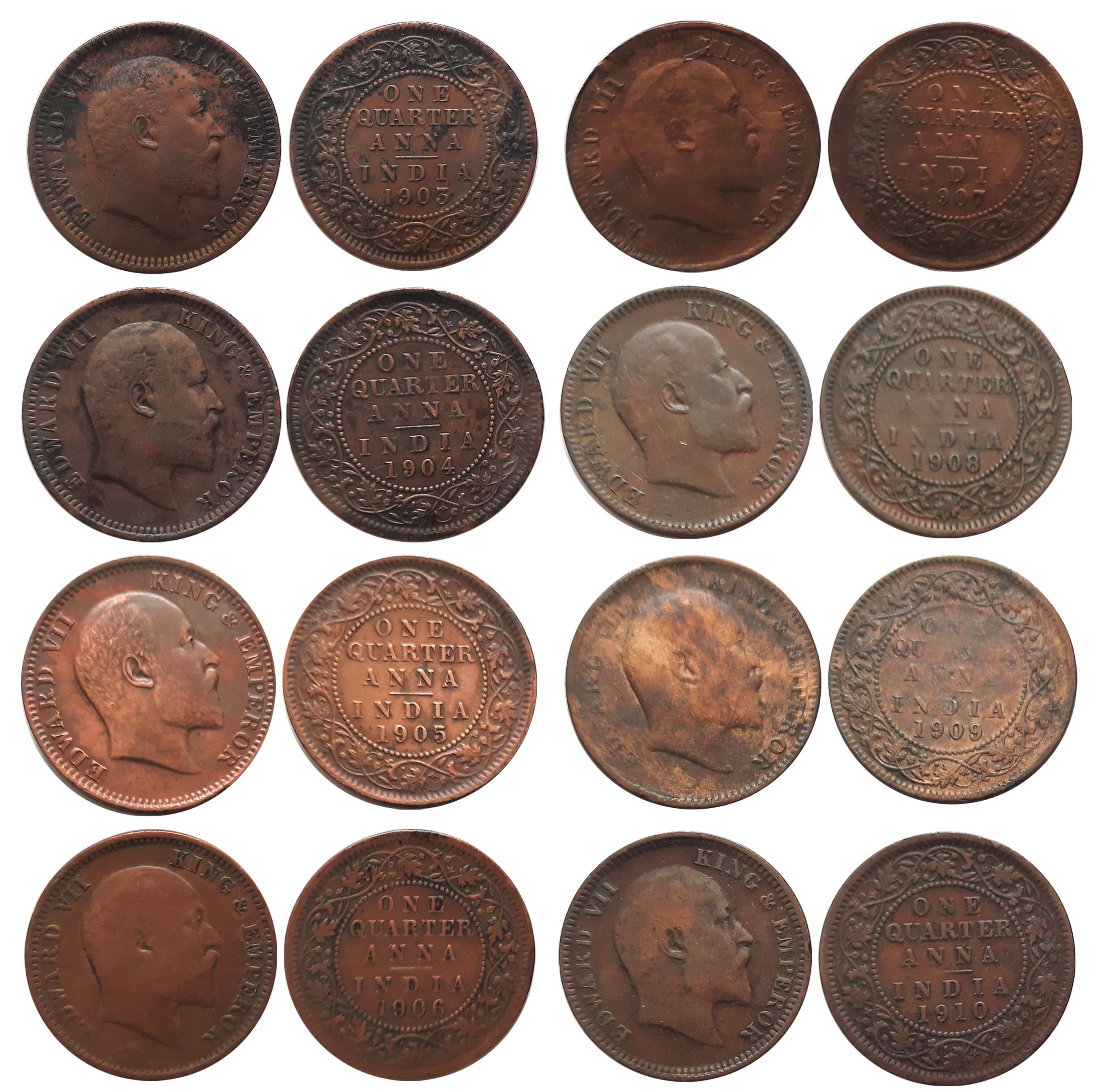 Edward VII, Copper, 1/4 Anna (8), 1903, 1904, 1905, 1906, 1907, 1908, 1909, 1910. Very fin
